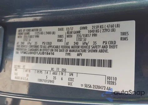 2018 Ford Escape Sel из США, поврежденный, VIN 1FMCU9HD1JUB18416